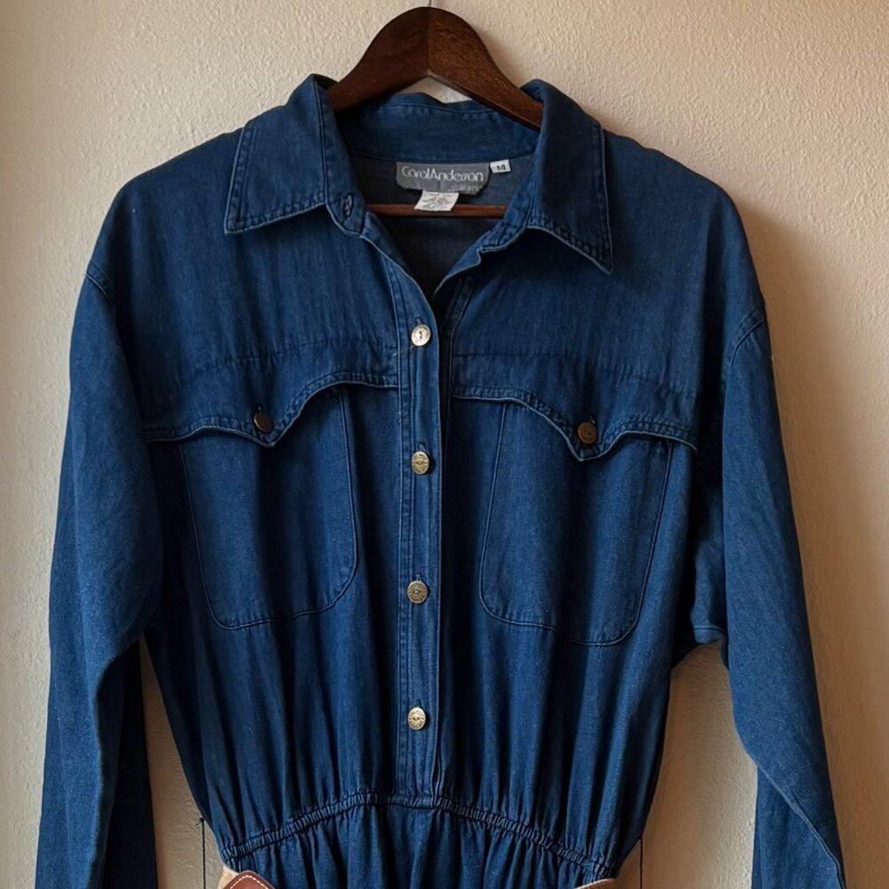 VTG 80s Denim Maxi Dress Long Sleeves Pockets Collared Front Button Sz L Prairie - Picture 3 of 10